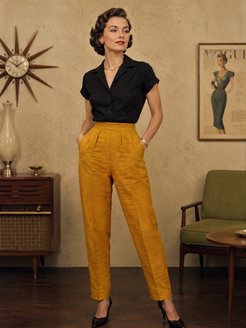 VTG Brocade 50s 60s Side Zip Yellow Gold Gold Womens Cropped Pants Pin Up